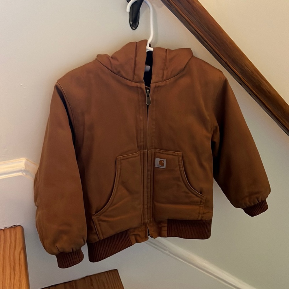 Carhartt Jacket 3T Toddler Boy's Brown Canvas Quilted Hood Winter Coat Excellent